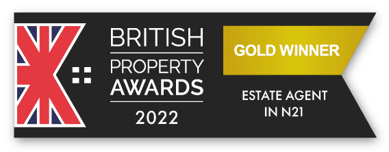 Badge showing DABORACONWAY as Gold Winners at the 2022 British Property Awards for being the Best Estate Agent in the North London N21 Post Code Area