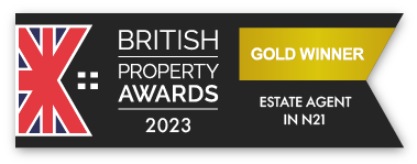 Badge showing DABORACONWAY as Gold Winners at the 2023 British Property Awards for being the Best Estate Agent in the North London N21 Post Code Area